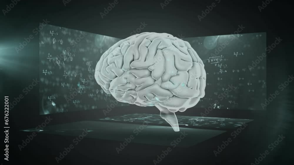 Poster animation of human brain with mathematical equations over abstract background
