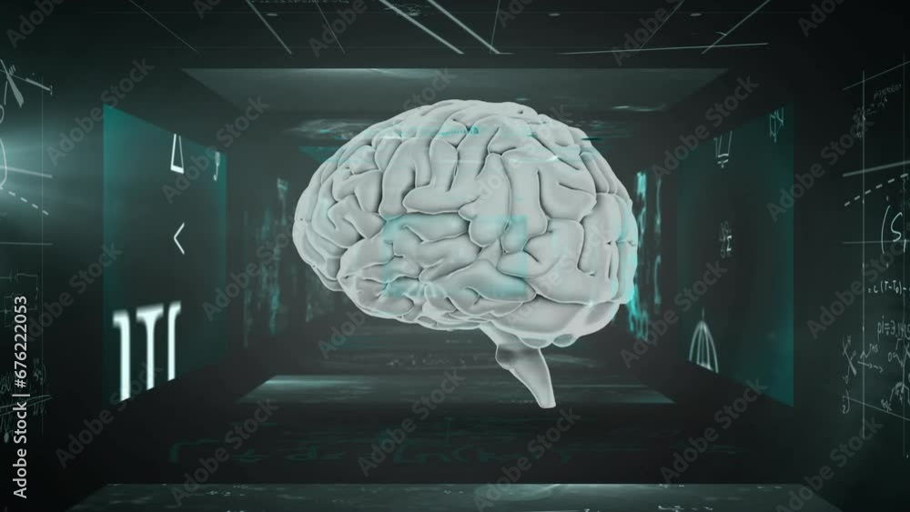 Aufkleber animation of mathematical equation and diagrams with human brain over abstract background