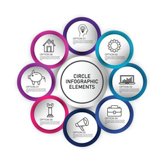 Infographic diagram with 8 options. Vector template what can be used as circular chart, numbered banner, workflow layout, graph, report, presentation