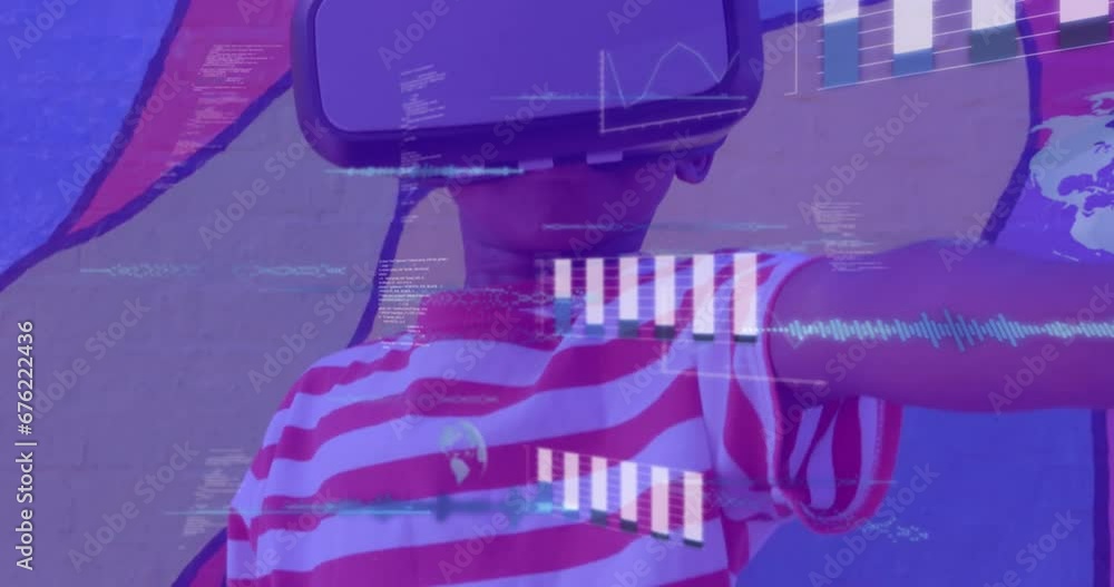 Poster animation of graphs, globes, computer language, biracial boy pointing finger while using vr headsets