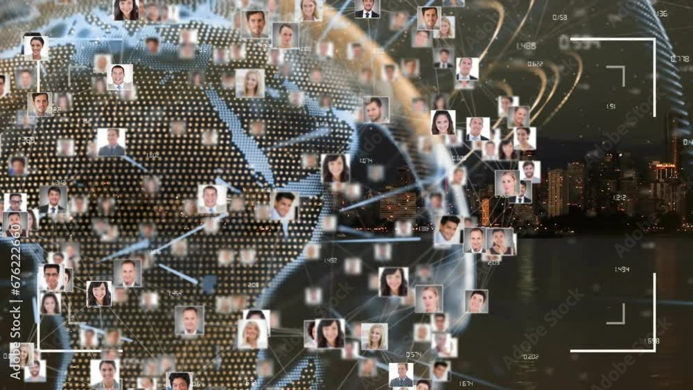Poster animation of profile pictures around globe with numbers over abstract background