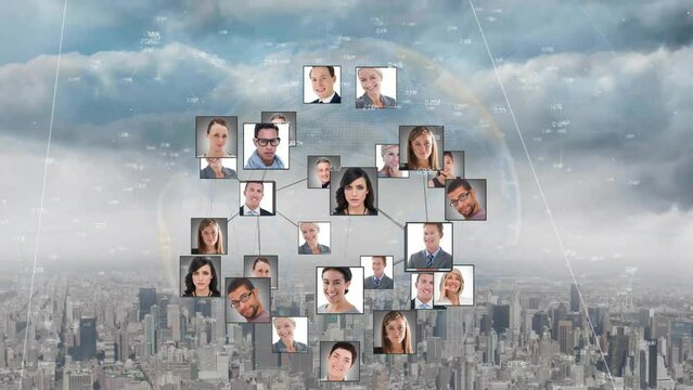 Animation of profile pictures on globe over aerial view of modern cityscape against cloudy sky