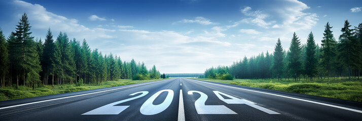 2024 written on highway road in the middle of empty asphalt road at beautiful blue sky. Concept for new year 2024. - obrazy, fototapety, plakaty