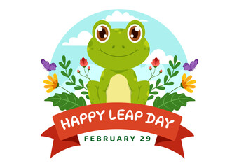 Happy Leap Day Vector Illustration on 29 February with Jumping Frogs and Pond Background in Holiday Celebration Flat Cartoon Design