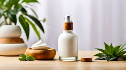 Fototapeta na wymiar product display, natural cosmetic white small bottle, Product presentation. wooden table, plant with pot, Beauty and body care product with copy space