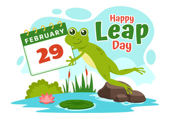 Happy Leap Day Vector Illustration on 29 February with Jumping Frogs and Pond Background in Holiday Celebration Flat Cartoon Design - obrazy, fototapety, plakaty