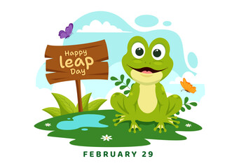 Happy Leap Day Vector Illustration on 29 February with Jumping Frogs and Pond Background in Holiday Celebration Flat Cartoon Design