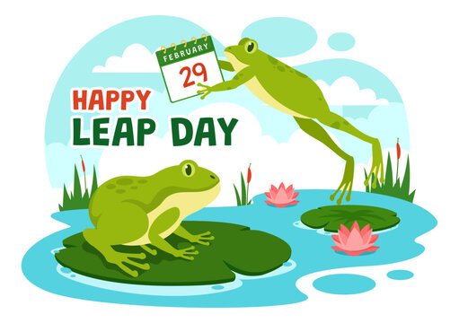 Happy Leap Day Vector Illustration on 29 February with Jumping Frogs and Pond Background in Holiday Celebration Flat Cartoon Design