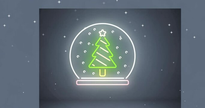 Animation of illuminated christmas tree in snow globe over snowfall against gray background