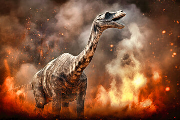 Naklejka premium Diplodocus dinosaur against a background of fire and explosions. Dinosaur. Jurassic period. A huge monster. Global catastrophe. Death of the dinosaurs.