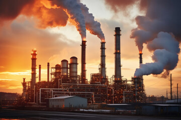 Oil refinery plant from industry zone, Aerial view oil and gas industrial, Refinery factory oil storage tank and pipeline steel at sunset. Smoke from the pipes.