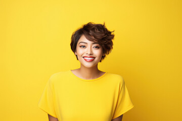 young woman standing on yellow background