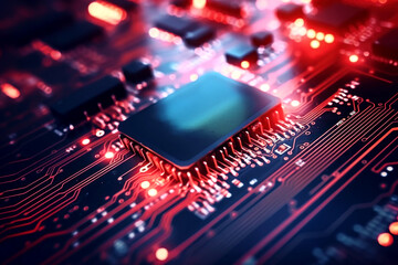 A powerful computer processor or chip on a motherboard. Modern technologies. Red background. Modern electronics production.