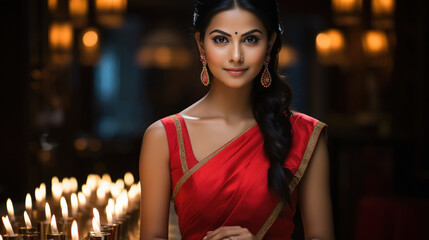 Young woman in traditional red color saree and jewelery.
