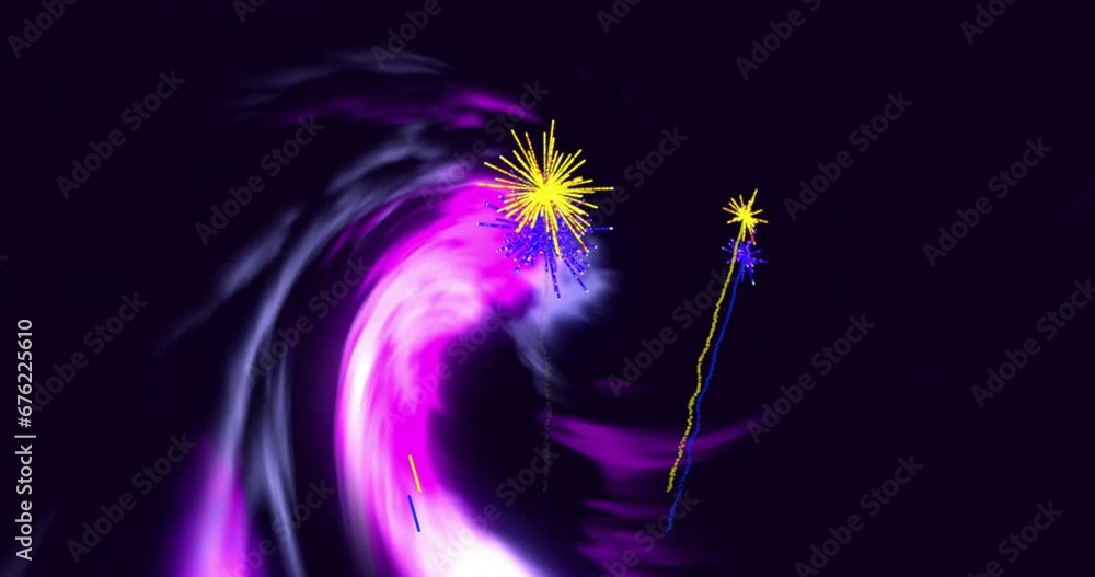 Poster animation of multicolored fireworks display and dynamic waves over black background