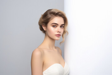 Beautiful woman wearing white dress and earring