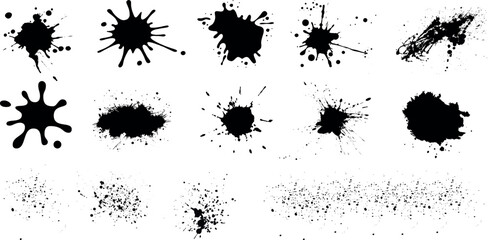 Ink Splatter Vector Illustration Set, perfect for grunge designs, backgrounds, and textures. Different shapes and sizes, isolated on a white background. Ideal for abstract, artistic, creative design