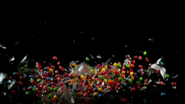 Glass Jar Filled With Colorful Candy Falls Down and Breaks