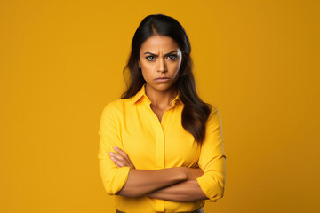 woman angry face with arm cross on yellow background - obrazy, fototapety, plakaty
