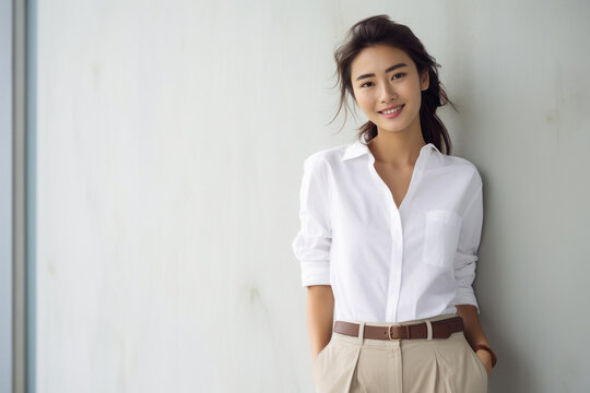 Young japanese woman in white shirt and pant.