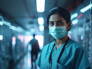 Young indian female doctor or nurse wearing mask - obrazy, fototapety, plakaty