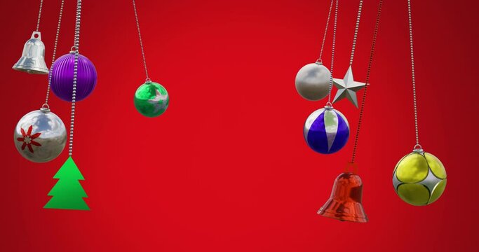 Animation of tree, bell, star and baubles swinging against red background