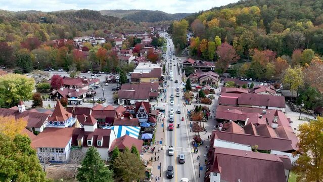aerial over colorful fall leaves over helen georgia