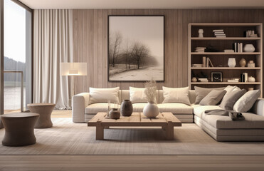 Luxurious living room area composition with minimalistic decoration