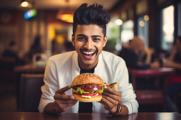 Indian college student eating burger