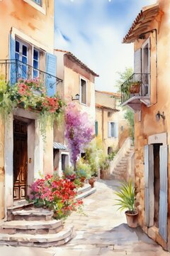 Fototapeta Watercolor Provence streets with windows and houses