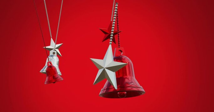 Animation of multiple bells and stars hanging and swinging against red background