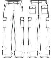 mens wide leg baggy cargo pant flat sketch vector illustration front and back view technical cad drawing template - obrazy, fototapety, plakaty