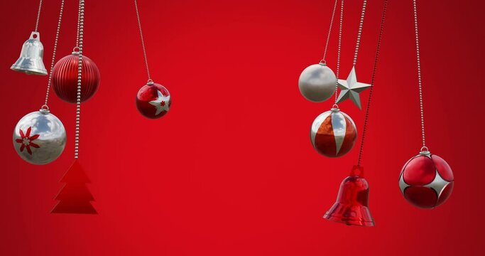 Animation of baubles, tree, bells and star swinging against red background