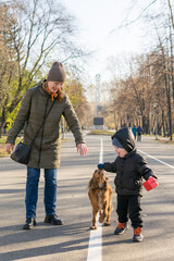 Mom and son are walking and playing in the city park with a cocker spaniel dog.