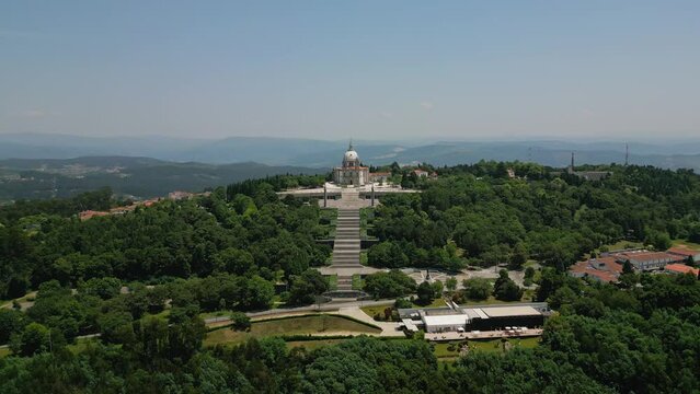 Aerial Panoramic of Sameiro Sanctuary in Braga, Portugal. Sunny day