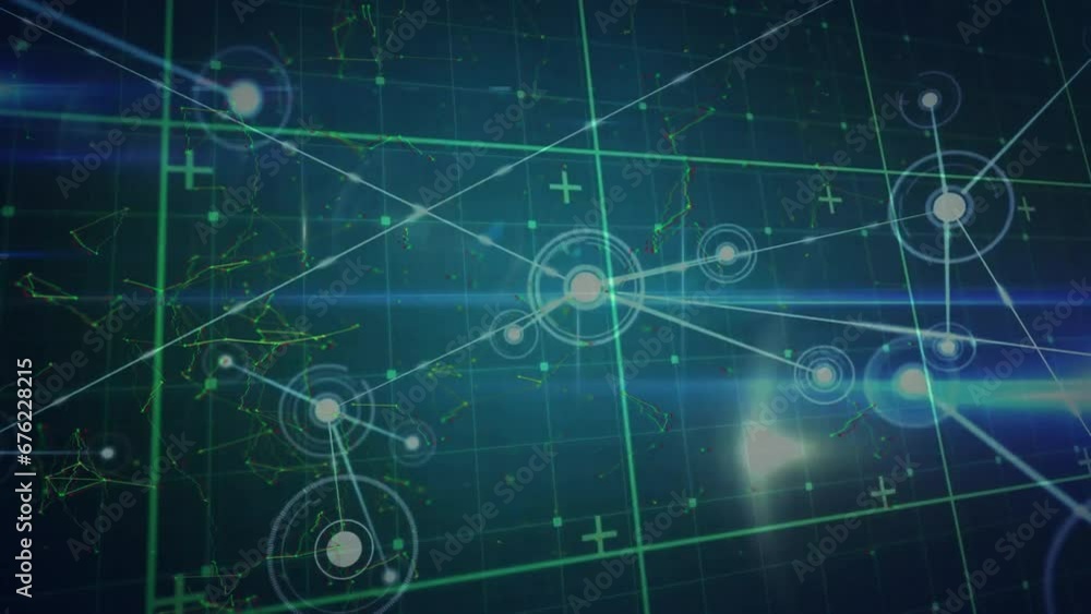 Poster animation of data processing over network of connections and dark background