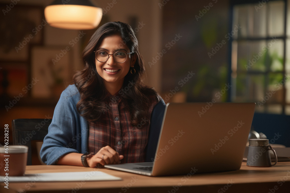 Wall mural indian girl using laptop for attending online classes