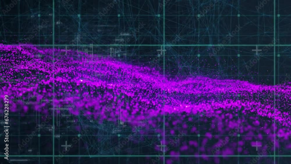 Poster animation of data processing over purple glowing mesh and dark background