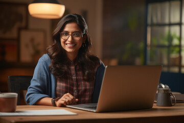 Indian girl using laptop for attending online classes - obrazy, fototapety, plakaty