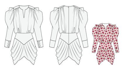 WOMEN'S DRESS, Fashion Flat Sketch Vector Illustration, CAD, Technical Drawing, Flat Drawing, Template, Mockup.