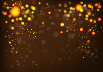 Abstract bokeh lights with glitter on dark brown background. Vector illustration for Christmas and New year holiday.
