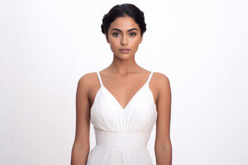 Beautiful woman wearing white dress and earring.