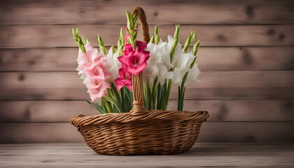 Gladiolus flower basket on a wooden background 