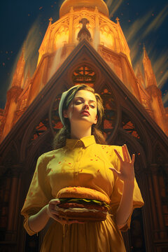 Baroque oil painting female saint triple cheeseburger  Generative AI