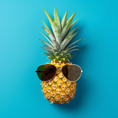 Pineapple wearing sunglasses on light blue background. Created with Generative AI technology