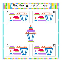 Logic puzzle for kids. Find the correct set of a lamp. Preschool worksheet activity. Answer is C.