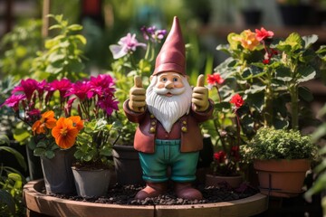 A garden gnome in a flower box giving a thumbs up passionate gardener