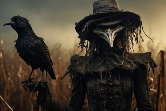 Portrait Shot of a creepy Costume of a raven scare crow