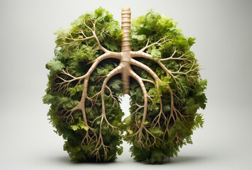 Healthy lung. Abstract silhouette of green foliar lungs on a gray background - obrazy, fototapety, plakaty