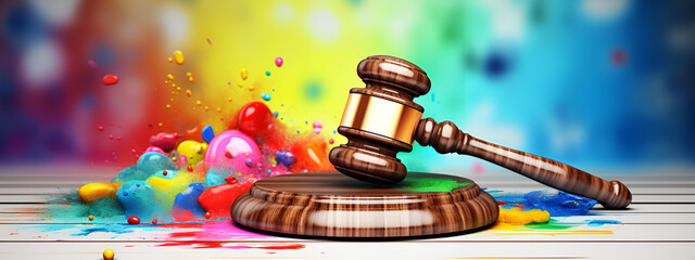 LGBT rights and laws concept. Wooden judge gavel on LGBT flags. liability coverage form with legal terms